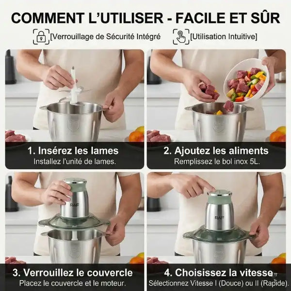 Hachoir à viande électrique 1000W bol inox 5L 6 lames — vue latérale