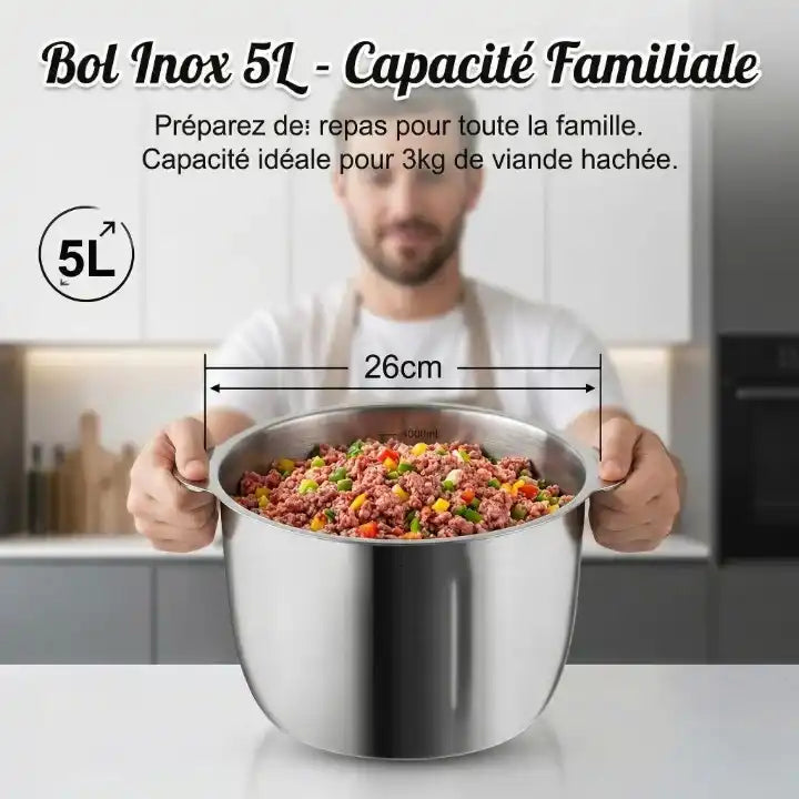 Hachoir à viande électrique 1000W bol inox 5L 6 lames — accessoires inclus