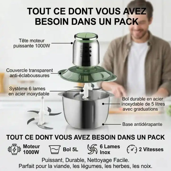 Hachoir à viande électrique 1000W bol inox 5L 6 lames — vue de dessus
