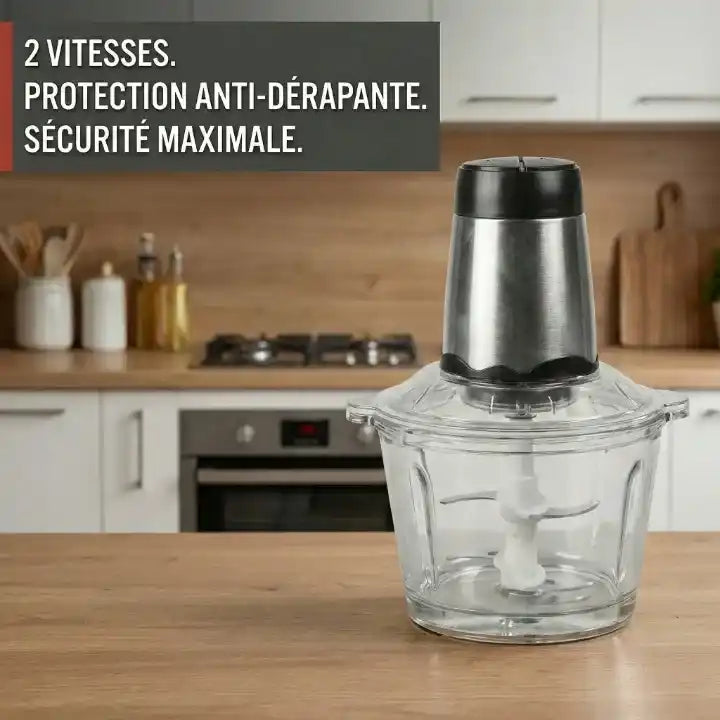 Hachoir électrique 300W bol verre 2L 4 lames — vue de dessus