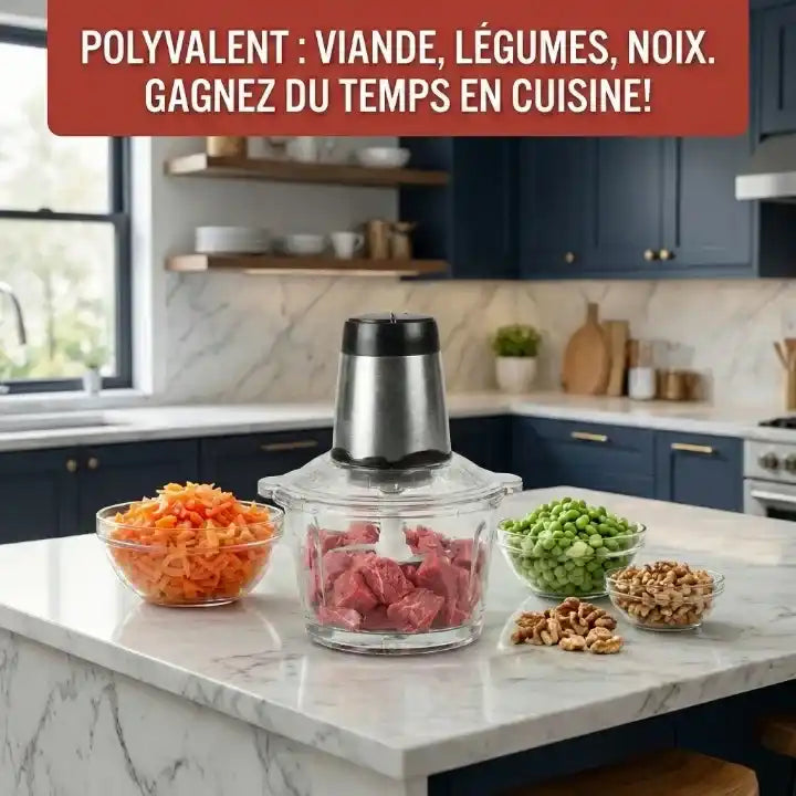 Hachoir électrique 300W bol verre 2L 4 lames — vue latérale