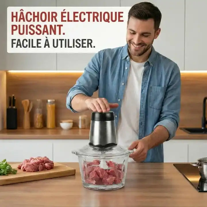Hachoir électrique 300W bol verre 2L 4 lames — vue arrière