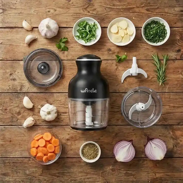 Hachoir électrique 350W bol verre 600ml avec 6 lames en action - Préparation culinaire rapide