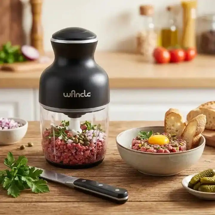 Hachoir électrique 350W bol verre 600ml avec 6 lames en situation d'utilisation