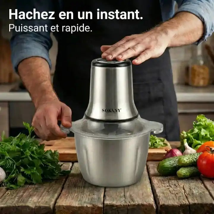 Hachoir électrique 800W bol inox 3L avec 6 lames en action - Préparation culinaire rapide
