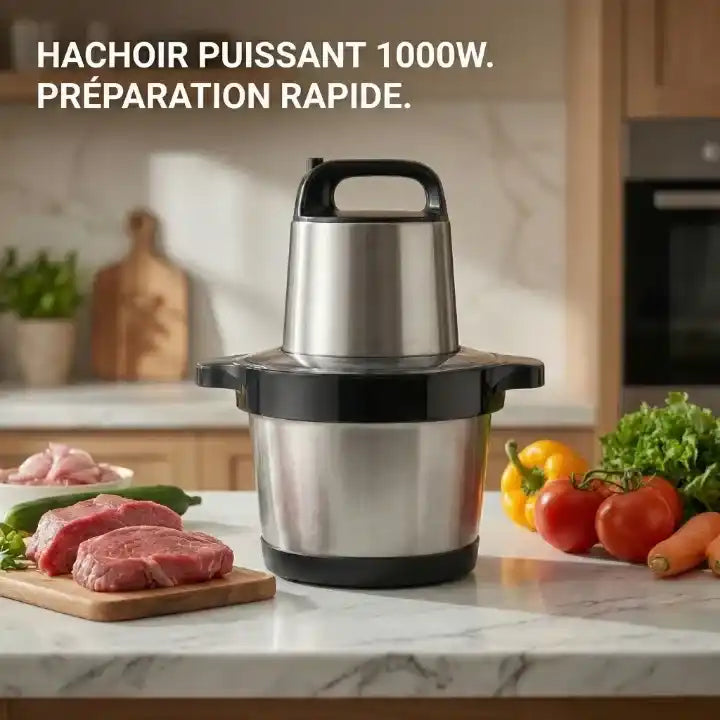 Hachoir électrique inox 6 L 1000 W pour viande et légumes en action - Préparation culinaire rapide