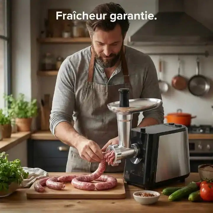Hachoir à viande électrique 350W avec 3 grilles inox en action - Préparation culinaire rapide