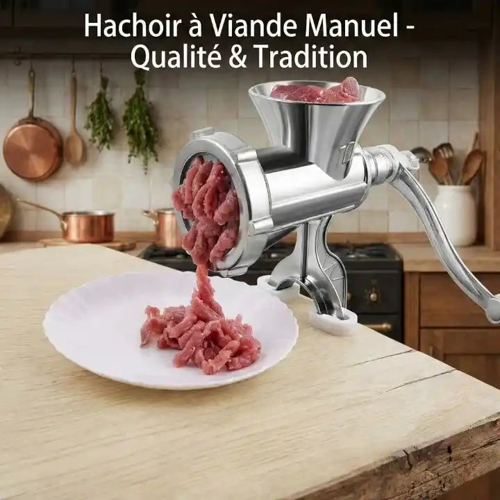 Hachoir à viande manuel inox avec kit saucisses en action - Préparation culinaire rapide