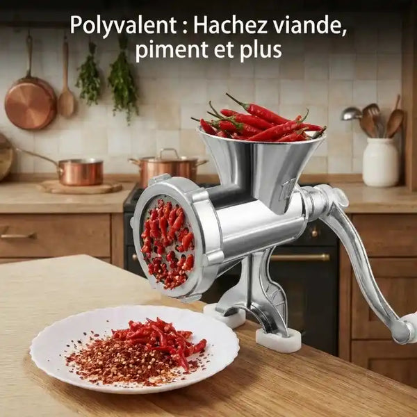Hachoir à viande manuel inox avec kit saucisses — vue de dessus