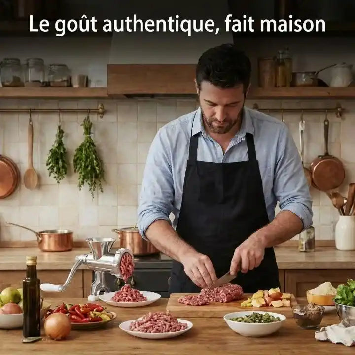 Hachoir à viande manuel inox avec kit saucisses — accessoires inclus