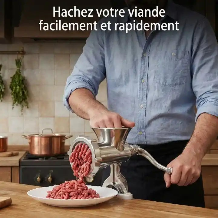 Hachoir à viande manuel inox avec kit saucisses — vue latérale