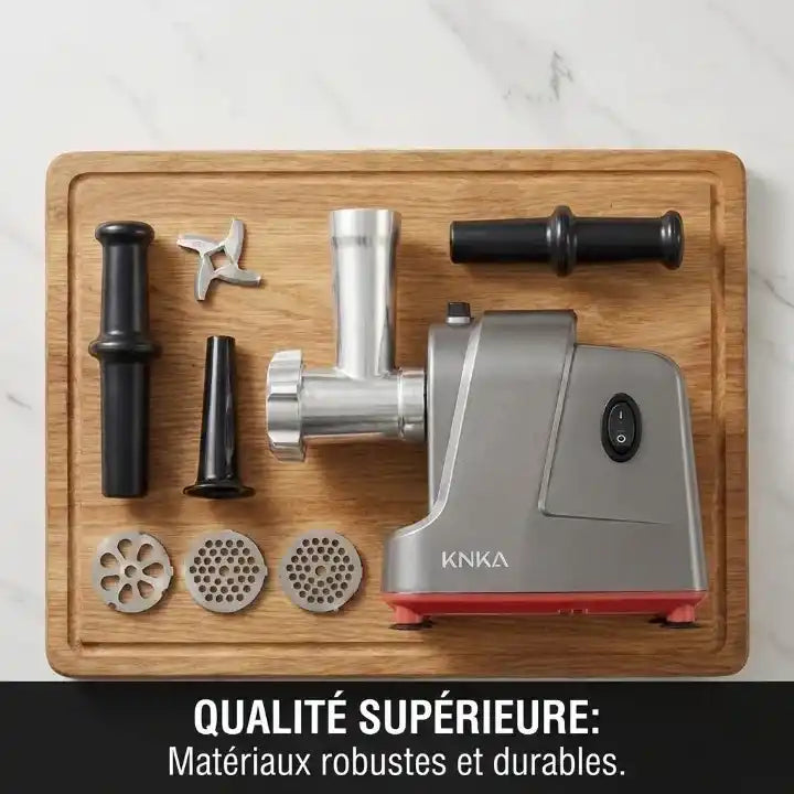Hachoir à viande électrique 350W avec 3 disques inox en action - Préparation culinaire rapide